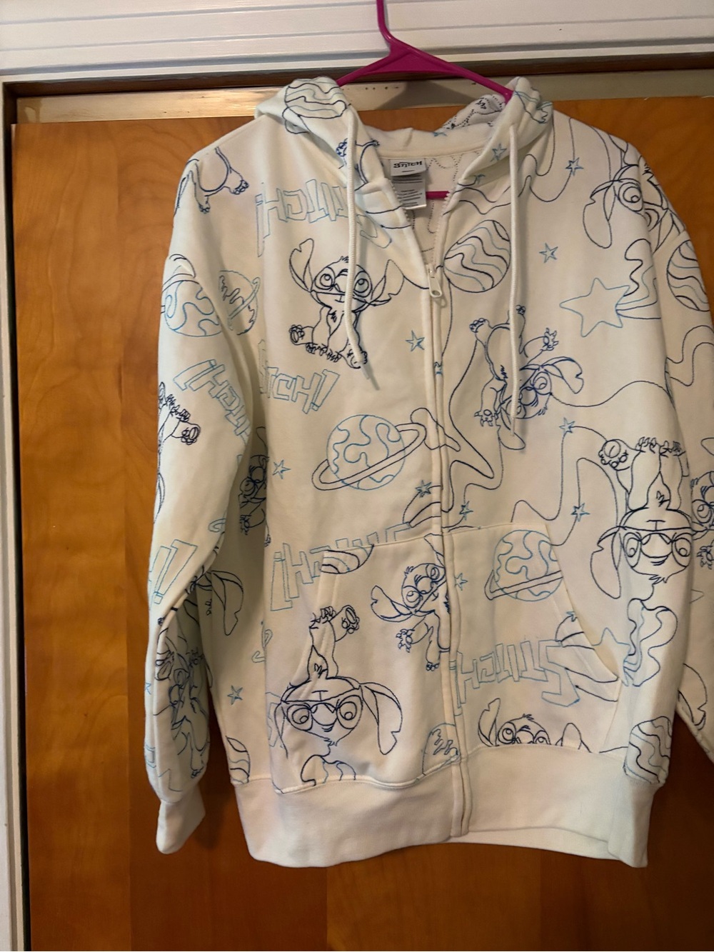 Disney Adult Size Med White Hooded Zip-Up Sweatshirt with Blue Stitch Character